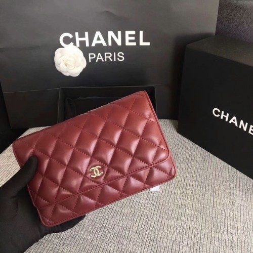 Chanel WOC Flap Bag Donkerrood Origineel Schapenleer 33814 Zilver