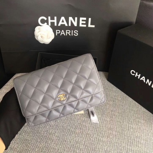 Chanel WOC Flap Bag Grijs Origineel Schapenleer Leer 33814 Glod