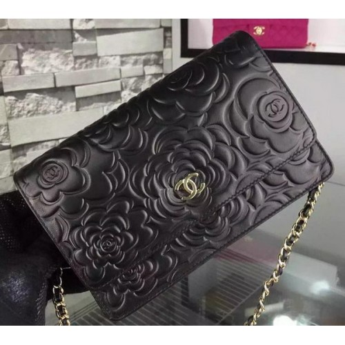 Chanel WOC Flap Bag Origineel Zwart Camellia Leer A5373 Goud