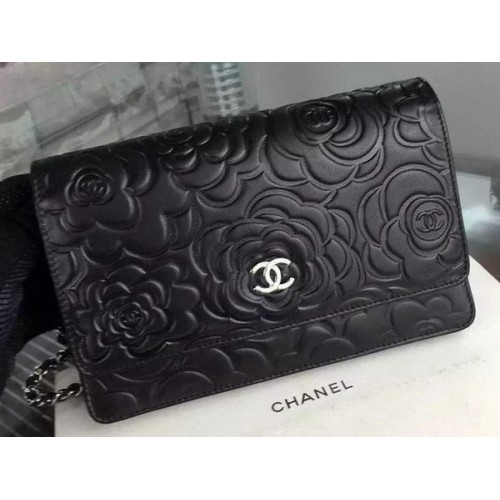 Chanel WOC Flap Bag Origineel Zwart Camellia Leer A5373 Zilver