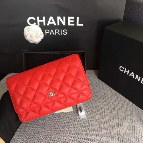 Chanel WOC Flap Bag Rood Origineel Schapenleer 33814 Zilver