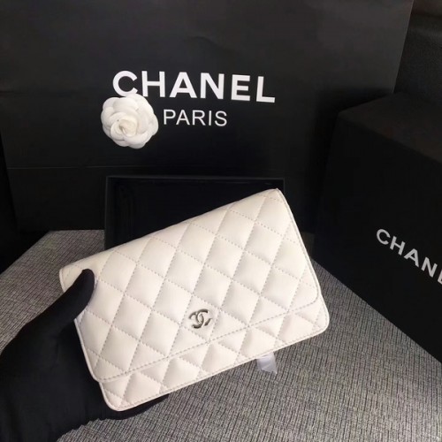 Chanel WOC Flap Bag Wit Origineel Schapenleer Leer 33814 Zilver