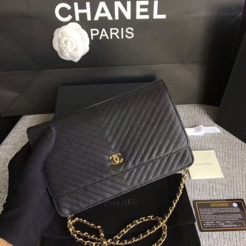 Chanel WOC Flap Schoudertas Zwart Kalfsleer A33814 Goud