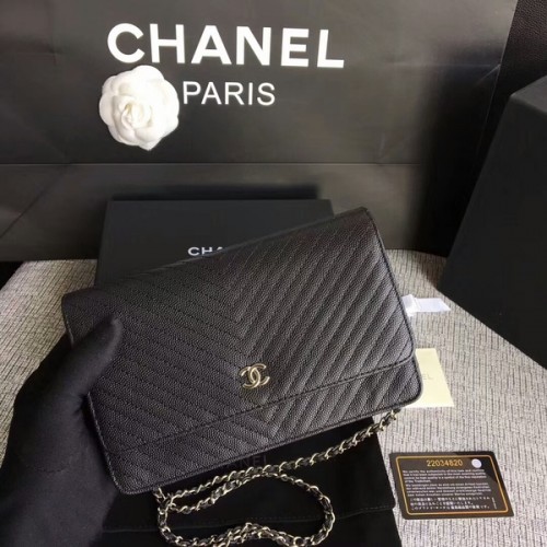 Chanel WOC Flap Schoudertas Zwart Kalfsleer A33814 Zilver