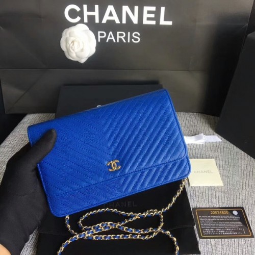 Chanel WOC Flap Schoudertas Blauw Kalfsleer A33814 Goud
