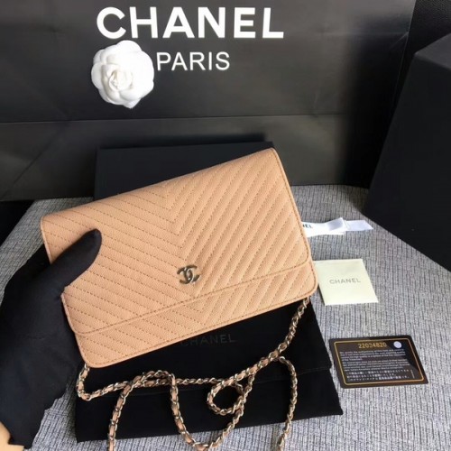 Chanel WOC Flap Schoudertas Camel Kalfsleer A33814 Zilver