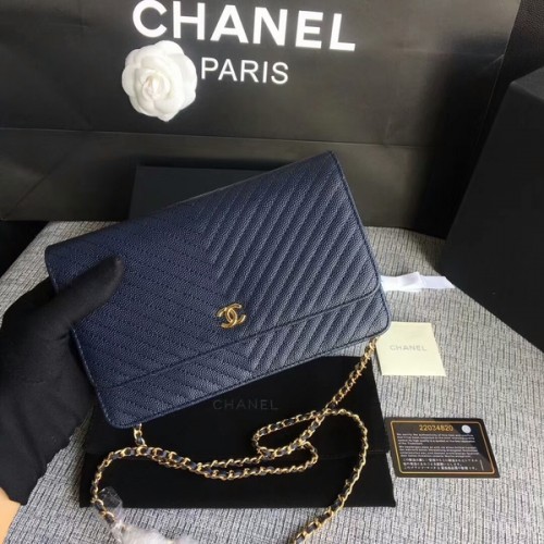Chanel WOC Flap Schoudertas Donkerblauw Kalfsleer A33814 Goud