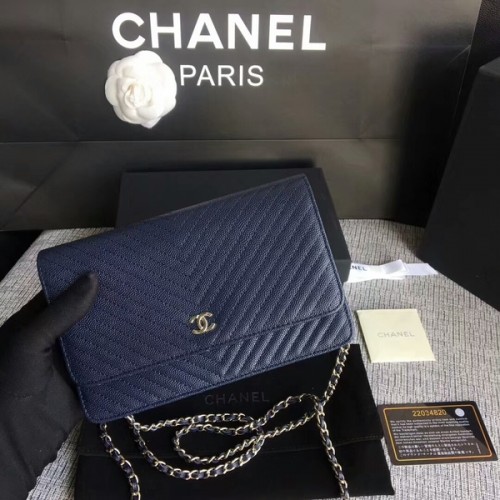 Chanel WOC Flap Schoudertas Donkerblauw Kalfsleer A33814 Zilver