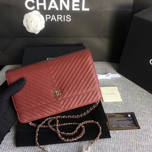 Chanel WOC Flap Schoudertas Donkerrood Kalfsleer A33814 Zilver