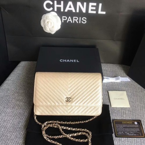 Chanel WOC Flap Schoudertas Goud Kalfsleer A33814 Zilver