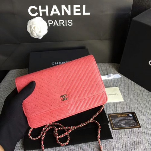 Chanel WOC Flap Schoudertas Perzik Kalfsleer A33814 Zilver