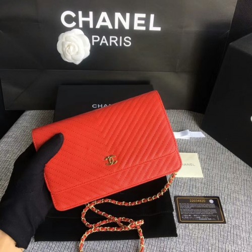 Chanel WOC Flap Schoudertas Rood Kalfsleer A33814 Goud