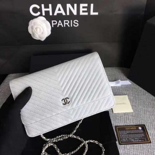 Chanel WOC Flap Schoudertas Wit Kalfsleer A33814 Zilver