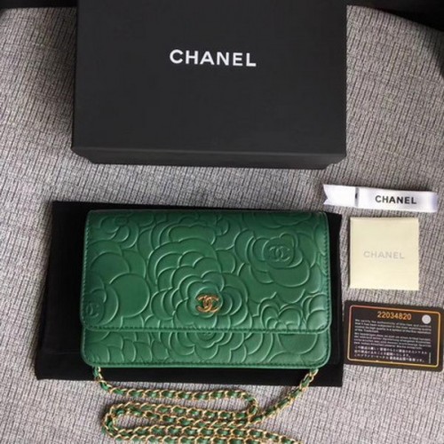 Chanel WOC groene camellia lederen mini flap tas A33814 goud