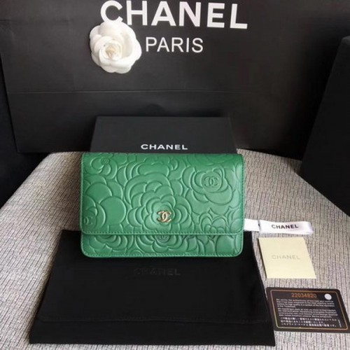 Chanel WOC groene camellia lederen mini flap tas A33814 zilver