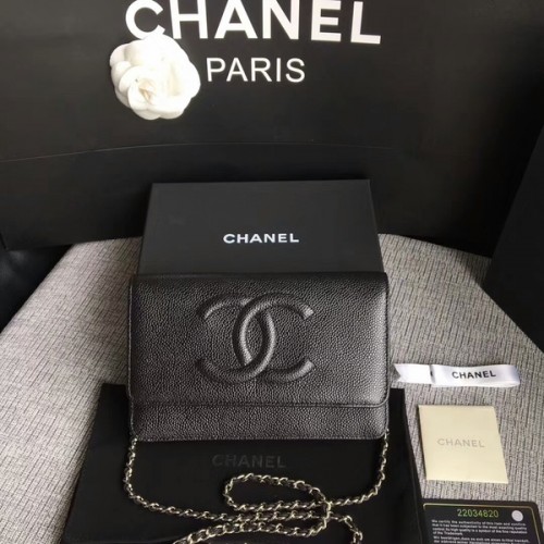 Chanel WOC originele kalfsleren zwarte schoudertas 33814 zilver