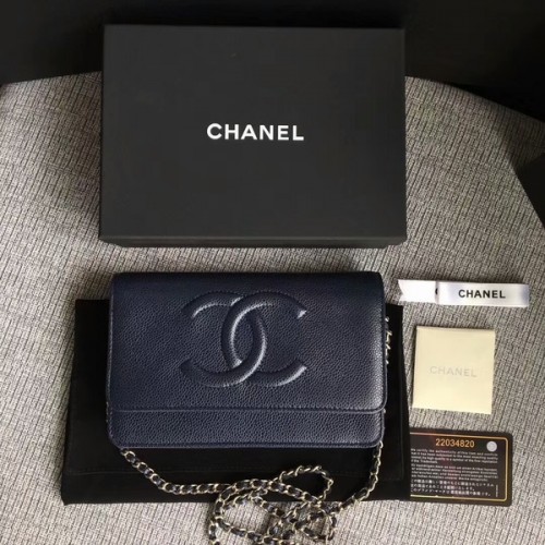 Chanel WOC originele kalfsleren donkerblauwe schoudertas 33814 zilver