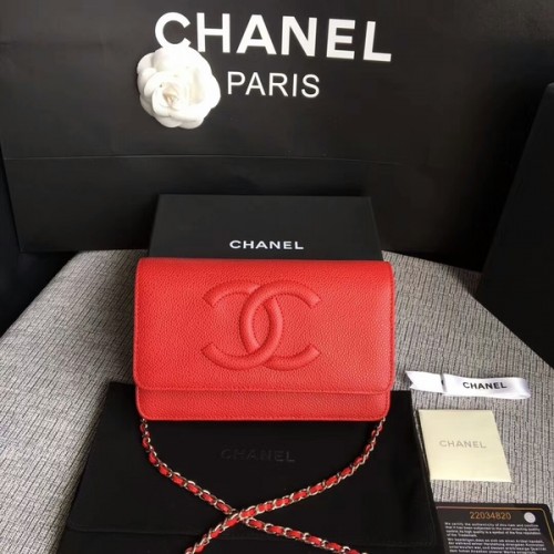 Chanel WOC originele kalfsleren rode schoudertas 33814 zilver