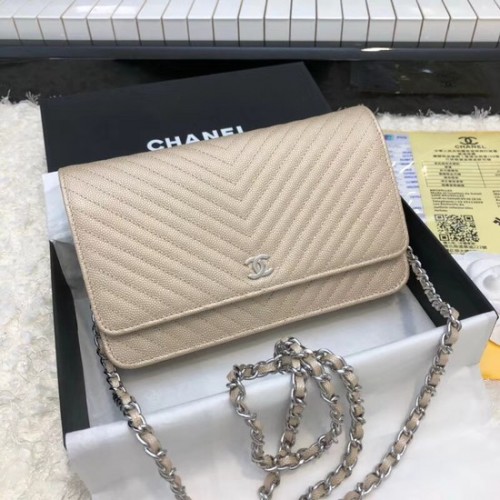 Chanel WOC Original Caviar Leather Flap crossbody tas E33814 gouden zilveren ketting
