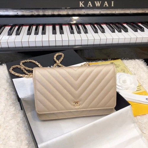 Chanel WOC Original Caviar Leather Flap crossbody tas V33814 Goud Gouden ketting