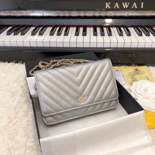 Chanel WOC Original Caviar Leather Flap crossbody tas V33814 Zilvergrijze gouden ketting