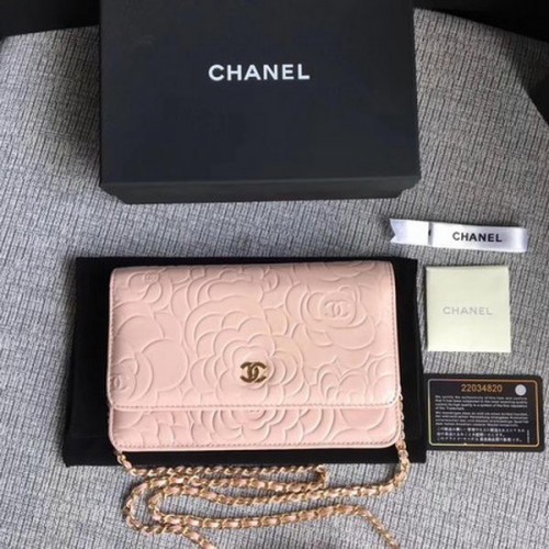 Chanel WOC roze camellia lederen mini flap tas A33814 goud