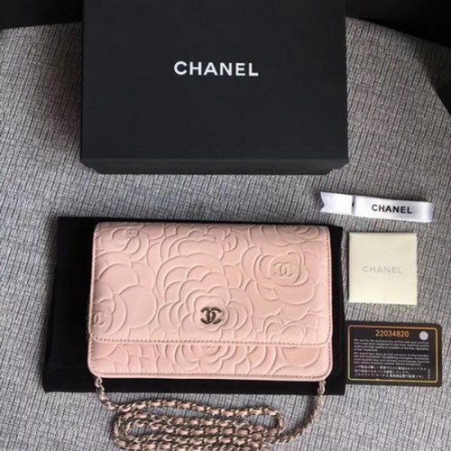 Chanel WOC roze camellia lederen mini flap tas A33814 zilver