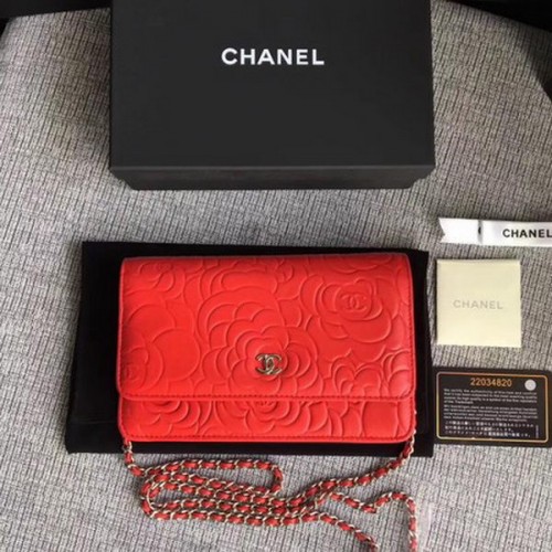 Chanel WOC Rode Camellia Leren Mini Flap Bag A33814 Zilver