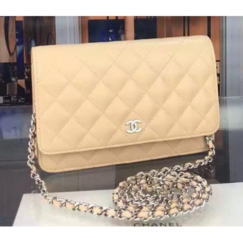 Chanel WOC mini Flap Bag Abrikoos Schapenvacht A5373 Zilver