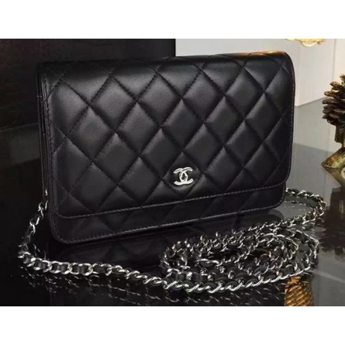 Chanel WOC mini Flap Bag Zwart Schapenvacht A5373 Zilver