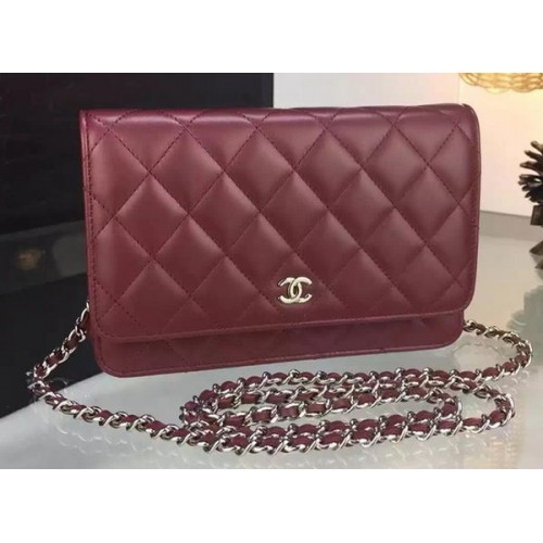 Chanel WOC mini Flap Bag Bordeaux Schapenvacht A5373 Zilver