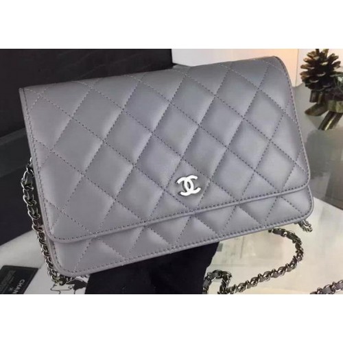 Chanel WOC mini Flap Bag Grijs Schapenvacht A5373 Zilver