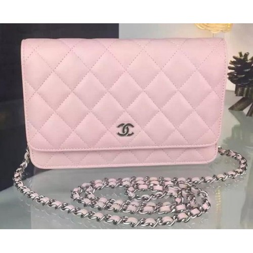 Chanel WOC mini Flap Bag Roze Schapenvacht A5373 Zilver