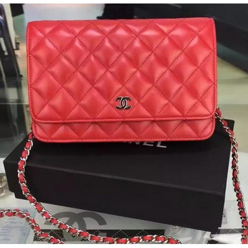 Chanel WOC mini Flap Bag Rood Schapenvacht A5373 Zilver