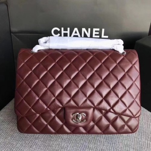Chanel Maxi gewatteerde klassieke flap tas wijn schapenvacht leer A58601 zilver