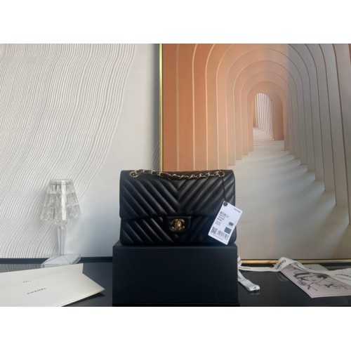 Chanel klassieke handtas Lamsleer goud Metaal V01112 zwart