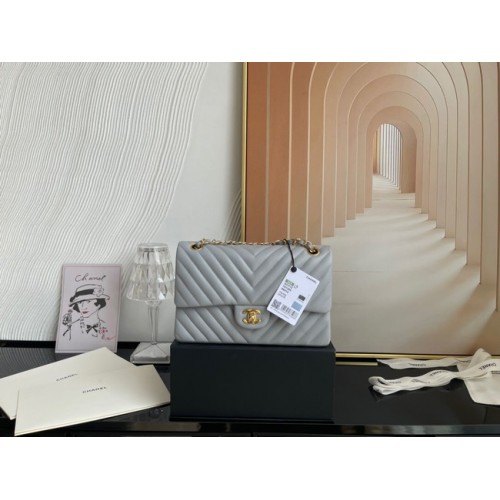 Chanel classic handtas Lambskin goud Metal V01112 grijs