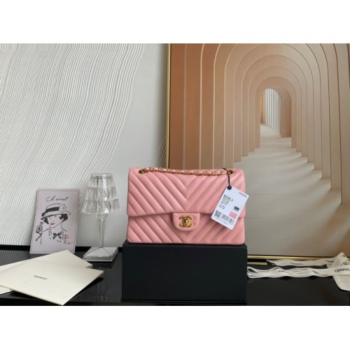 Chanel klassieke handtas Lamsleer goud Metaal V01112 roze