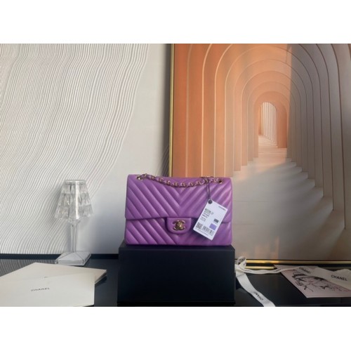 Chanel klassieke handtas Lamsleer goud Metaal V01112 paars