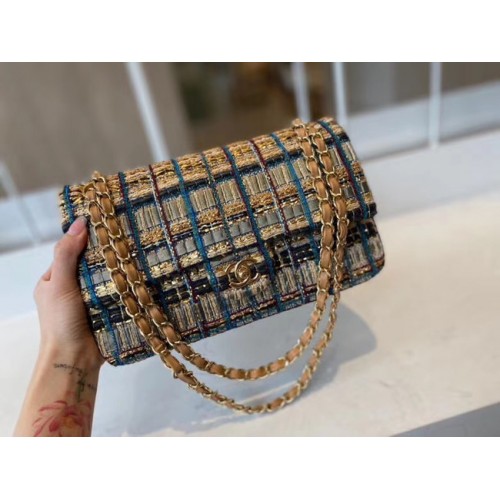 Chanel klassieke handtas Tweed goudkleurig metaal A01112-1