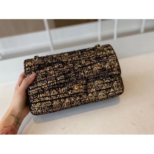 Chanel klassieke handtas Tweed goudkleurig metaal A01112-2