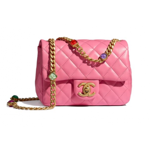 Chanel flap bag Lamsleer Kunsthars Goudkleurig metaal AS2379 Roze