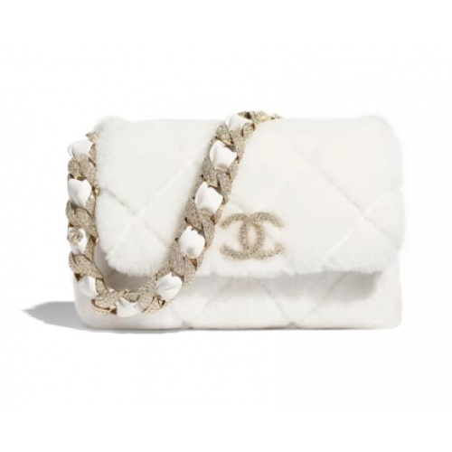 Chanel flap bag Shearling lamsleer strass goudkleurig metaal AS2240 wit