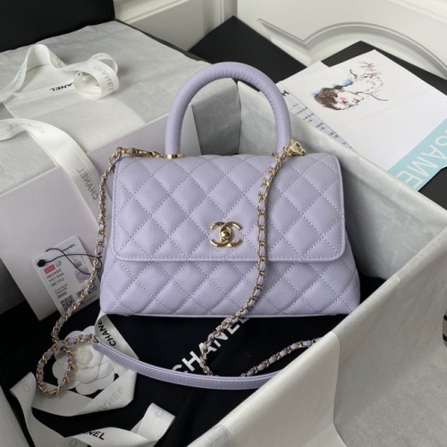 Chanel flap bag met hengsel generfd kalfsleer goudkleurig metaal A92990 lichtpaars