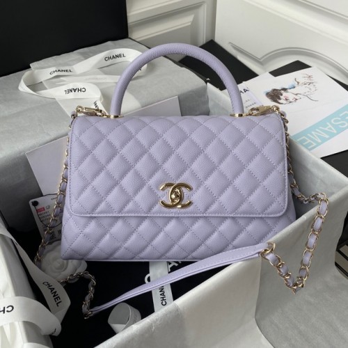 Chanel flap bag met hengsel generfd kalfsleer goudkleurig metaal A92991 lichtpaars
