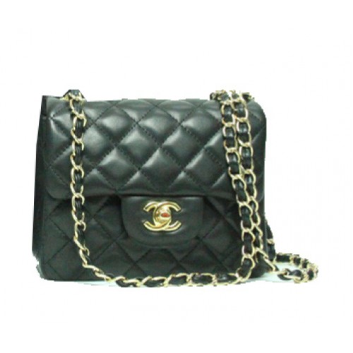 Chanel mini Classic Flap Bag zwart leer 1115 gouden ketting
