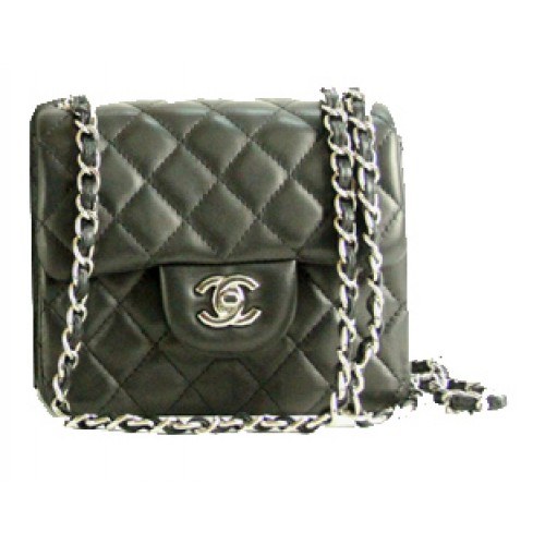 Chanel mini Classic Flap Bag zwart leer 1115 zilveren ketting