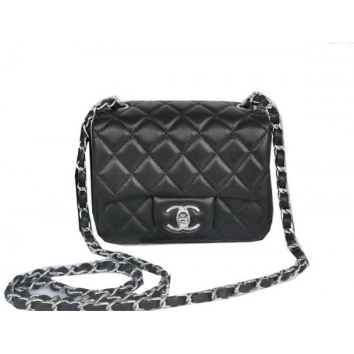 Chanel mini Classic Flap Bag Zwart Origineel Sheekskin CHA1115 Zilver