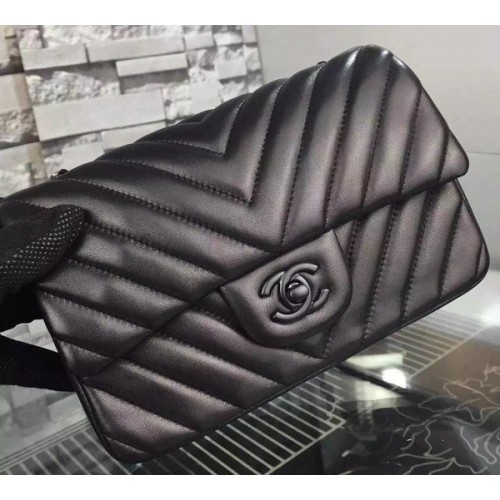 Chanel mini Classic Flap Bag Zwart Origineel Schapenvacht Chevron Leer CHA5500 Zwart