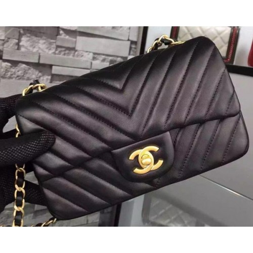 Chanel mini Classic Flap Bag Zwart Origineel Schapenvacht Chevron Leer CHA5500 Goud